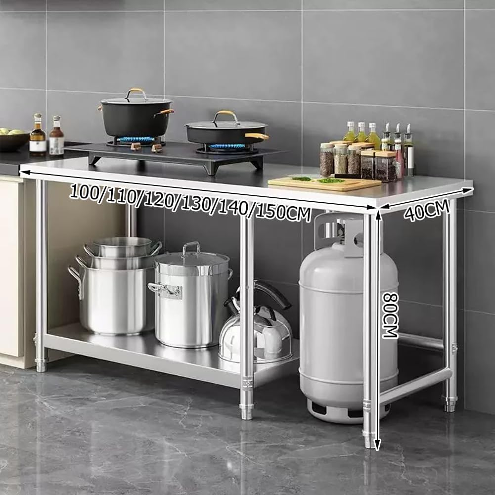 Kitchen Stainless Steel Table for Prep & Work ,Heavy Duty Prep Workstation with Slot for Gas Tank,Multifunctional Kitchen Cooktop Rack Open Storage Shelf,Metal Table,110cm