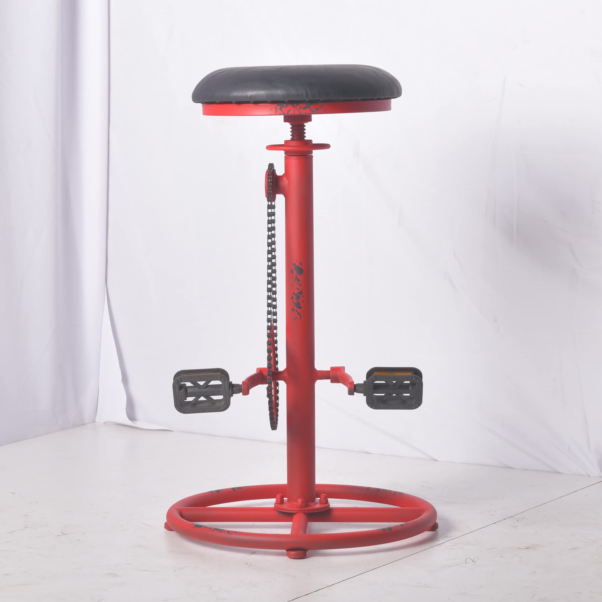 Taburete de bar vintage para bricolaje, cadena de bicicleta, pedal de hierro, retro, industrial, altura ajustable, diseño de rueda de bicicleta, juego de 2 sillas de barra color rojo antiguo 9