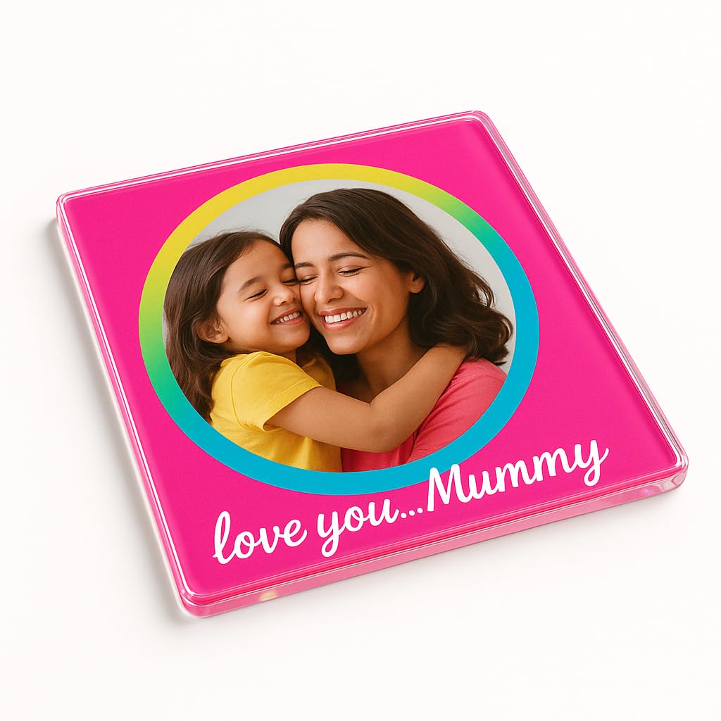 The Plum Penguin Joyful Embrace Acrylic Coaster Gift - Vibrant Personalised Mother's Day Design With Photo Frame For Mummy