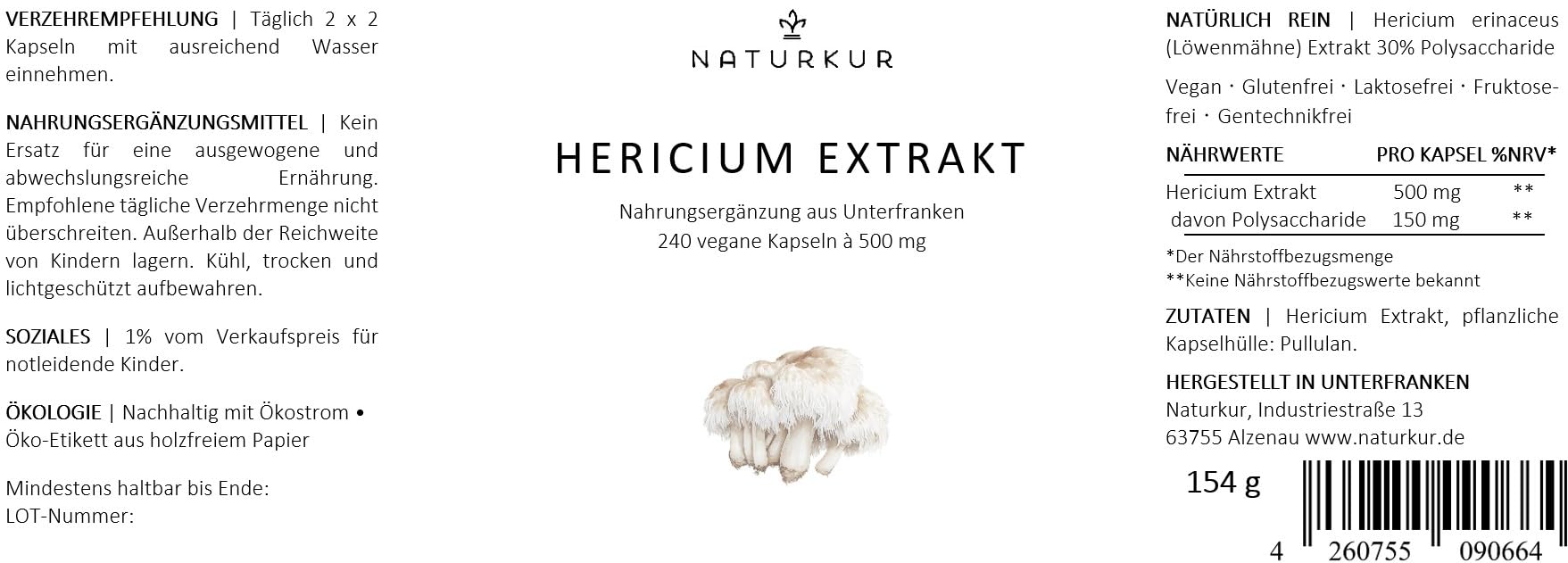 Naturkur® Hericium Extrakt 500mg - 240 Kapseln im Apothekerglas - Lions Mane Löwenmähne - 30% Polysaccharide, vegan, ohne Zusatzstoffe, hergestellt in Unterfranken