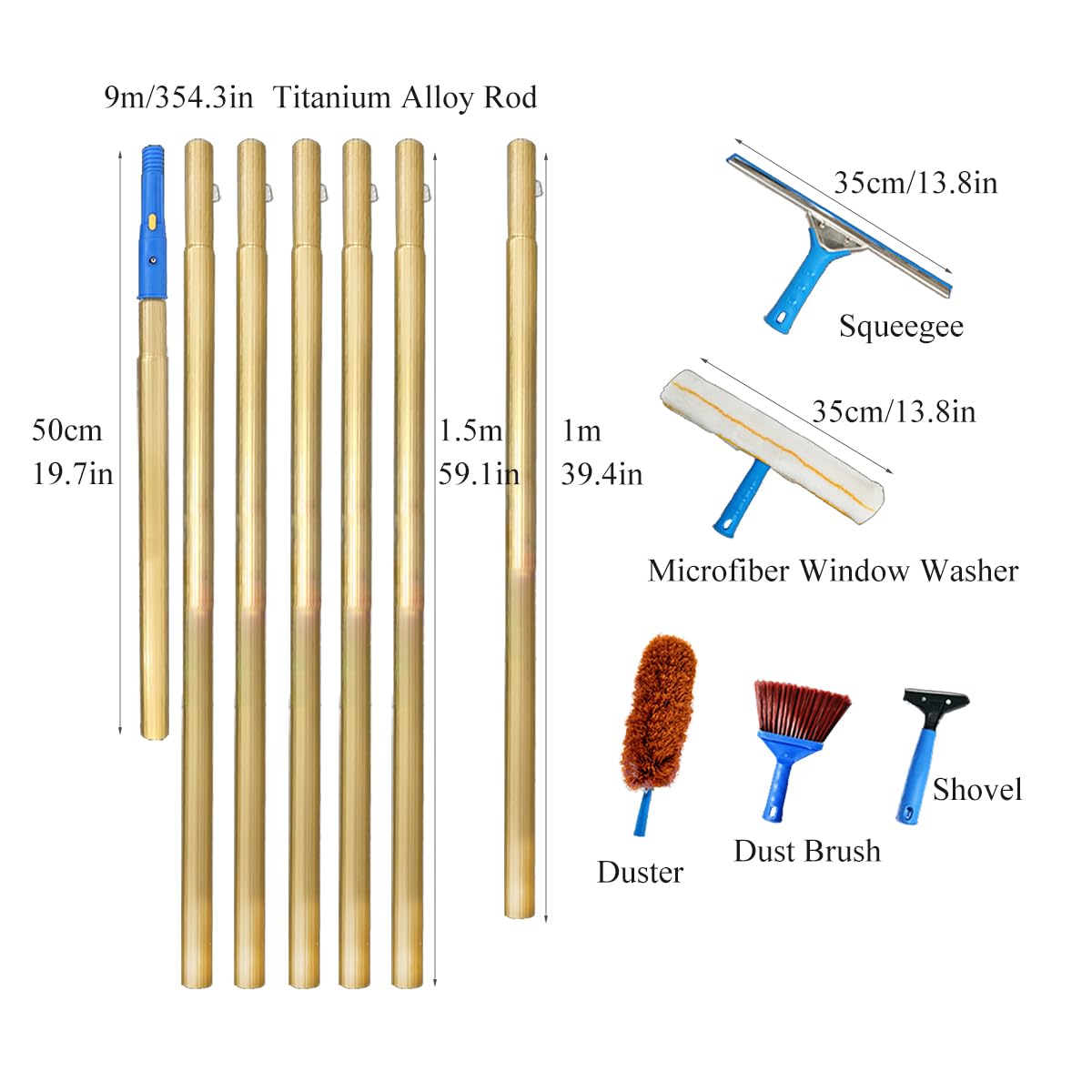 Herramienta profesional de limpieza de ventanas con barra de extensión de titanio, limpiador de vidrio de 9 m, para baño, ducha, azulejos, ventanas altas, cocina, habitación húmeda, escobilla para