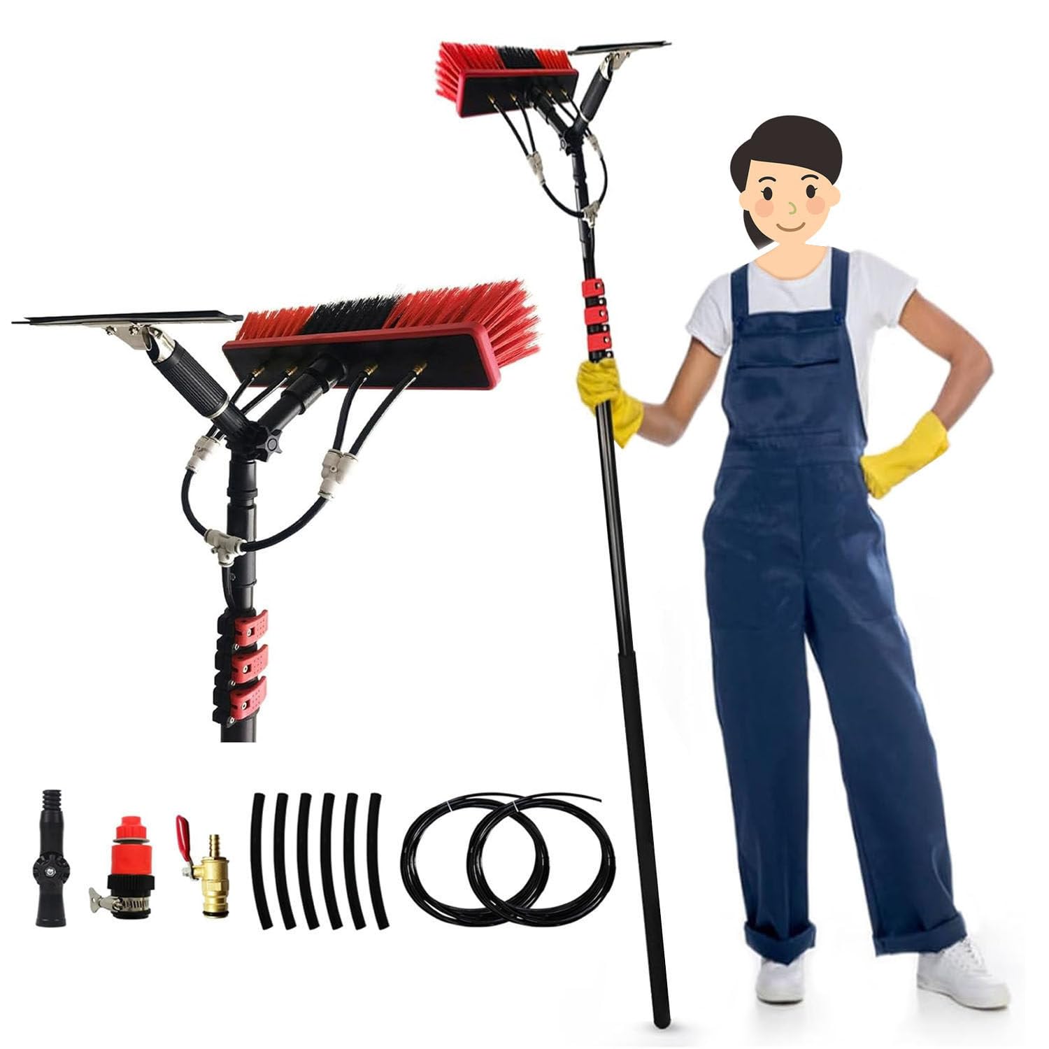 GTHTUHFD Window Cleaning Pole, Water Fed Telescopic Brush, 35Cm Brush Head, Window Cleaner Kit, Extendable Cleaner For Solar Panel, W/Hose Squeegee,10.8M/35.4Ft