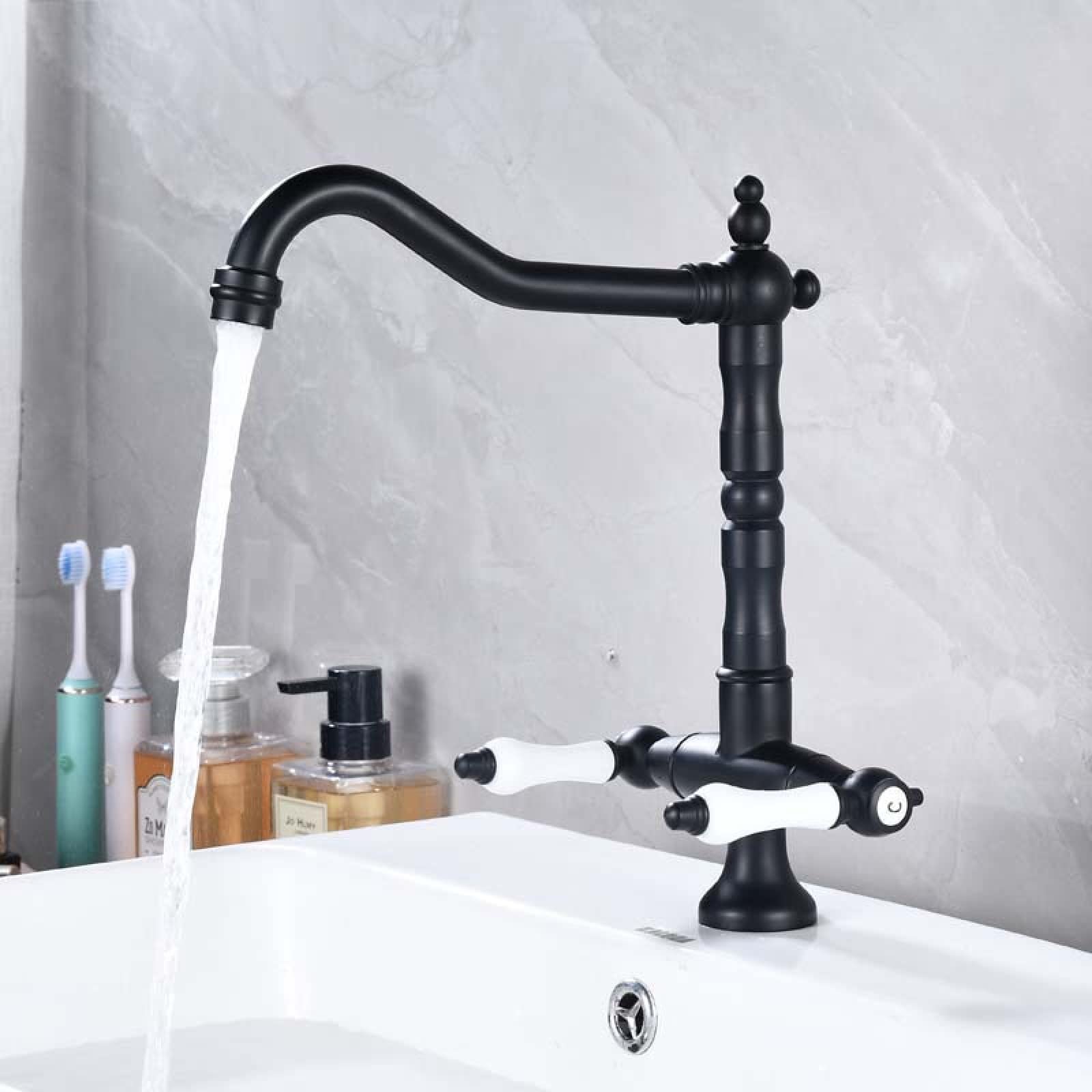 Fanjubei Matte Black Lacquer Kitchen Rotating Double-Handle Hot And Cold Basin Faucet, Matte Black Paint
