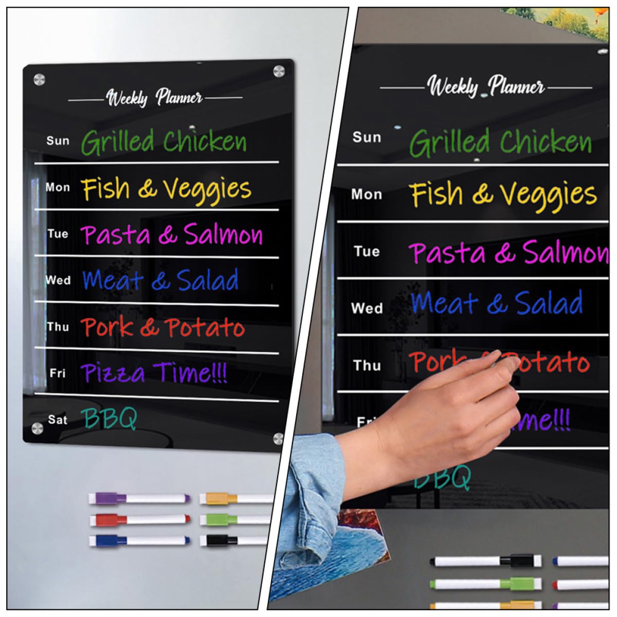 BETOOKY Magnetisches Acryl Küchenplaner Whiteboard in Schwarz Abwischbares Terminplan Nachrichtenbrett für Kühlschrank für Küche und Büro Glatte Schreibfläche