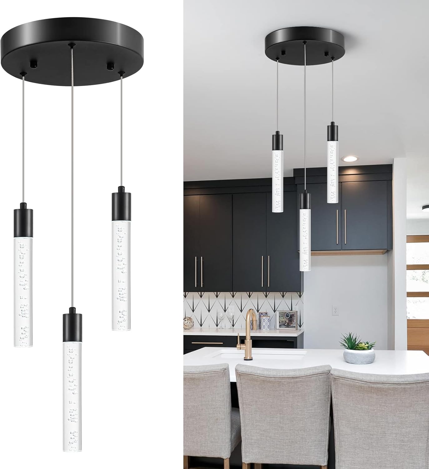 Voerqi Black Pendant Lights Modern LED Kitchen Island Light Unique Bubble Pendant Light Pendant Lighting for Kitchen Island Dining Room, Bedroom, Bar, Mini Pendent Spot Lights (3 Light)… Black Cylindrical Column Shapes 3 Lights