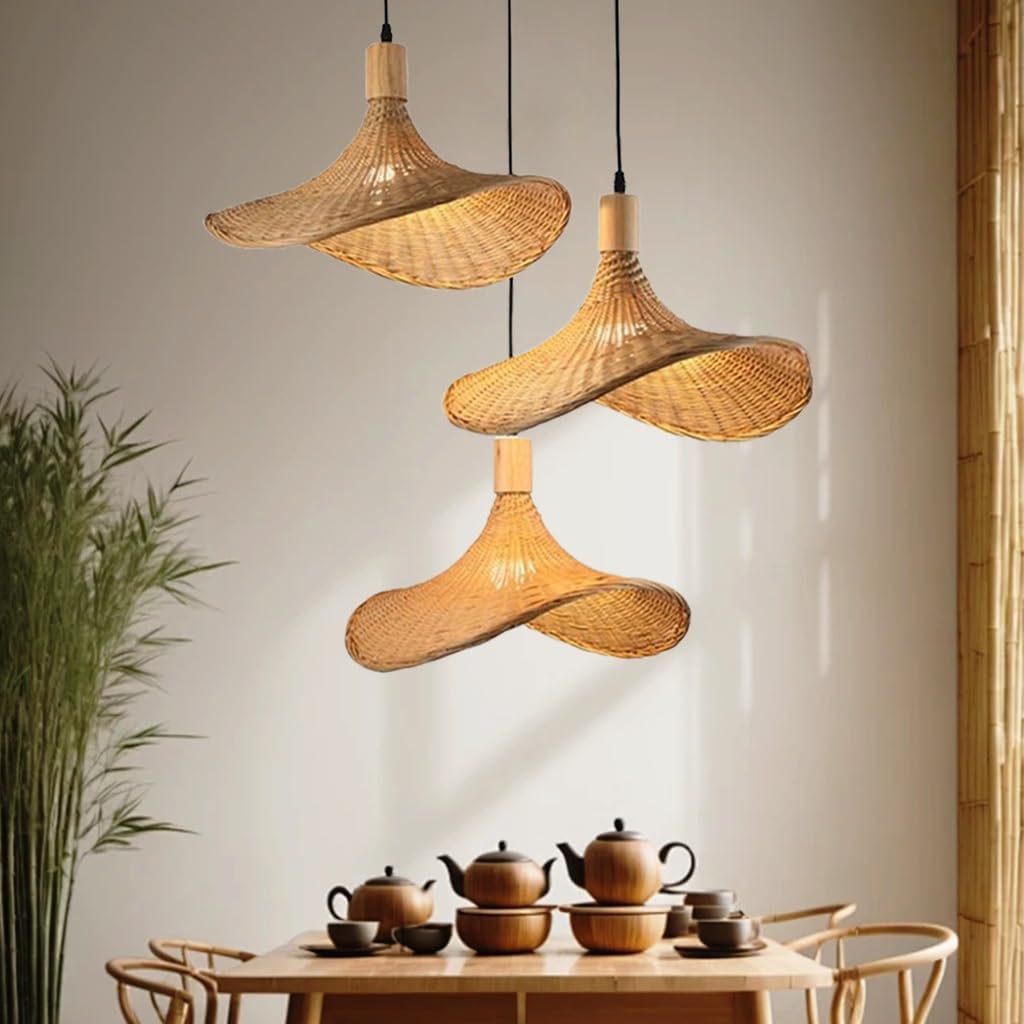 Hanglamp retro natuurlijke bamboe en rotan geweven kroonluchter E27 in hoogte verstelbare hoed, hanglamp, slaapkamer, woonkamer, eetkamer, theestube, decoratieve verlichting, hanglamp, 75 cm