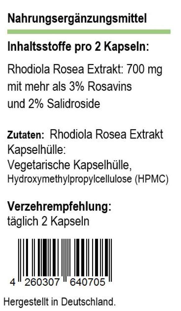 Rhodiola Rosea Extrakt, Rosenwurz, 120 Kps., Reinsubstanz ohne Zusatzstoffe, vegetarische Kapselhülle, deutsche Produktion
