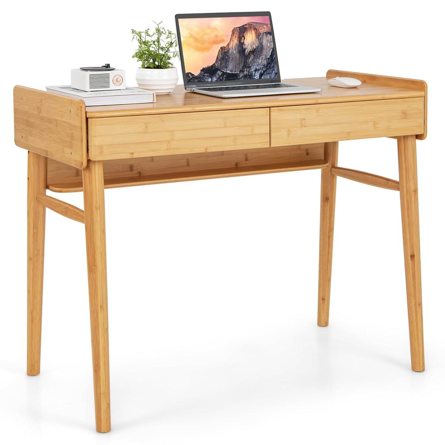 Tangkula Bamboo Mid Century Desk with 2 Storage Drawers, Home Office Study Writing Desk with Shelf & Cable Management Groove, Home Office Desk for Working & Learning (Natural)