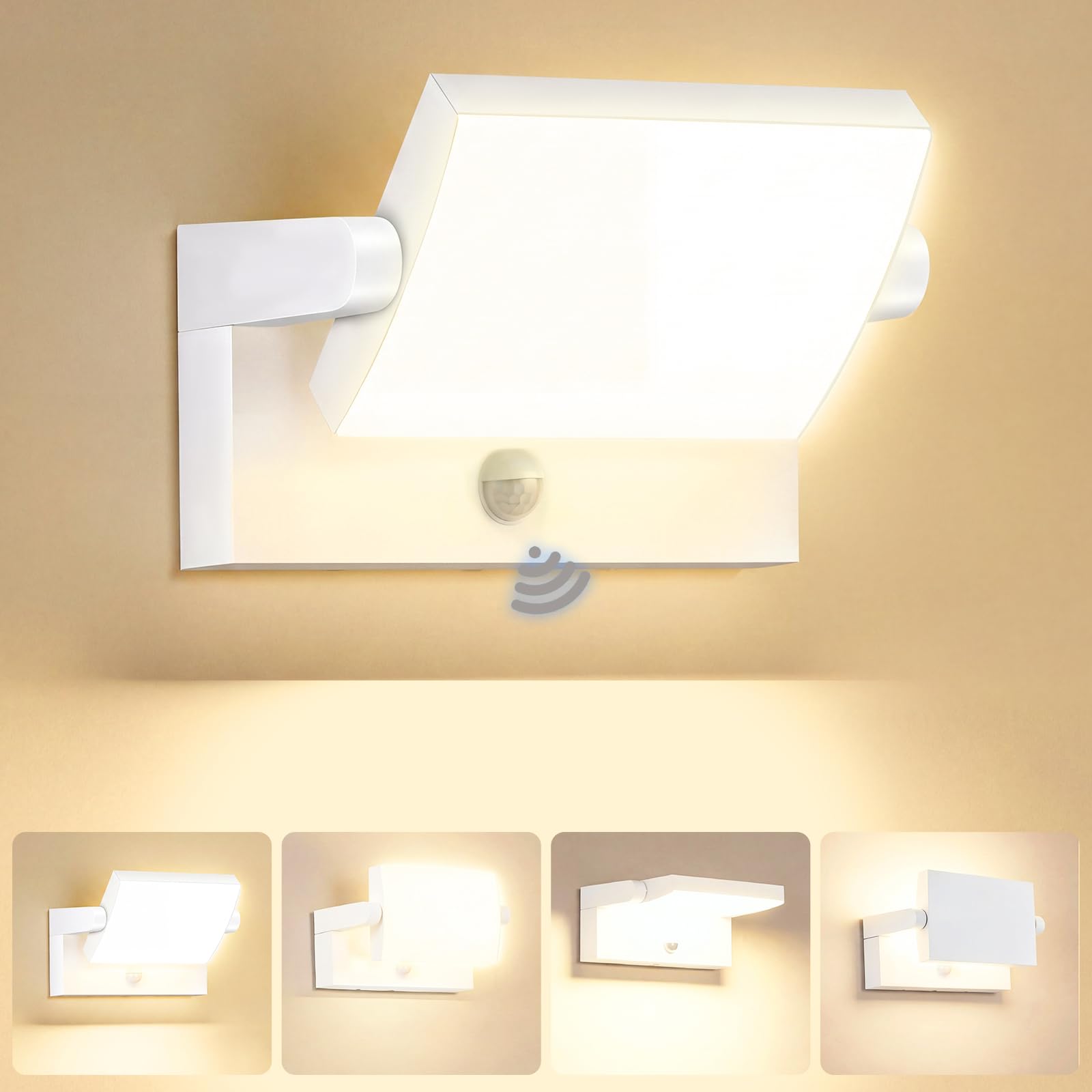 40W Aplique Pared Exterior con Sensor de Movimiento,40W 4000LM 3000K Blanco Cálido, Blanco Aplique de Pared Interior Rotación 350°,Impermeable IP65