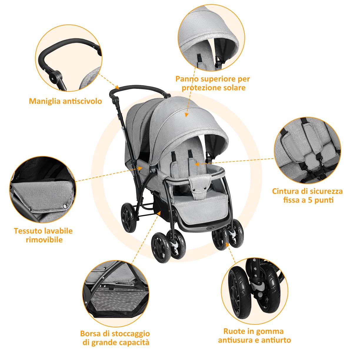 GYMAX Passeggino Gemellare Doppio/Fratelli di Età Diverse, Pieghevole Leggero, Tendalino/Schienale Regolabili, Portata di 15kg+15kg (Grigio, Verticale)
