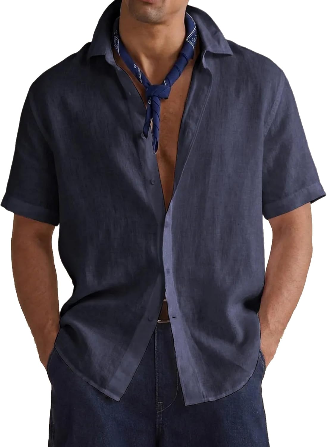 Men's Linen Blend Button Down Shirt Short Sleeve Tee Loose Fit Casual Shirt with Camp Collar Lightweight Breathable