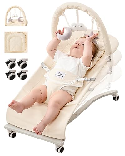 CuddoBaby - Gorila para bebé con ruedas bloqueables, cojín suave para la cabeza, muñecas colgantes para coordinación mano-ojo, asiento 100% algodón,