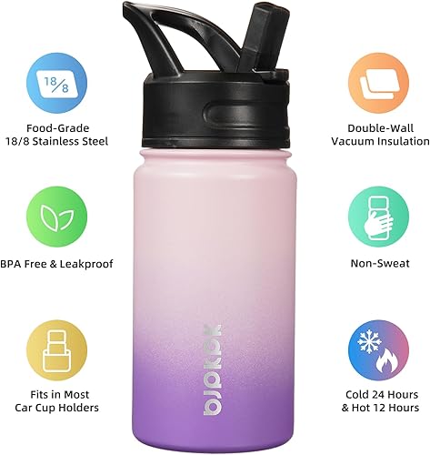 Miniatura 3 de BJPKPK Botella de agua con tapa con pajilla, botella de agua aislada de 15 onzas, botellas de agua de metal de acero inoxidable, termos
