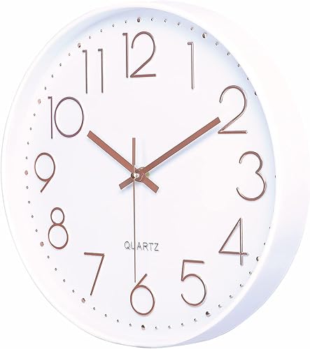Miniatura 4 de Lafocuse Reloj de pared de 12 pulgadas con números 3D de oro rosa y blanco para decoración de sala de estar, moderno reloj de pared de cocina,