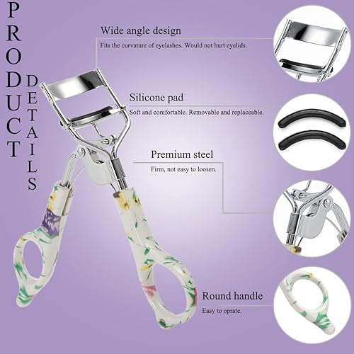 Miniatura 9 de Uranian Rizador de pestañas rosa con 2 almohadillas de repuesto de silicona, mango con purpurina, rizador de pestañas para mujeres y niñas (rosa)