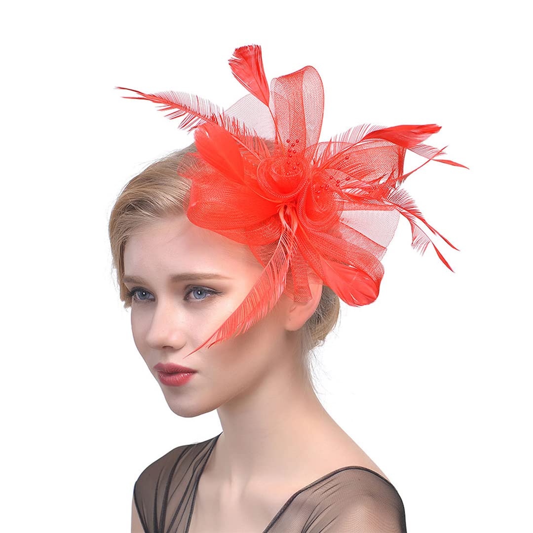 YTBHSHXZ， Cappello da sposa, da chiesa, con piume, in rete, for donna, con nastri floreali, for cocktail e tè.(Red)