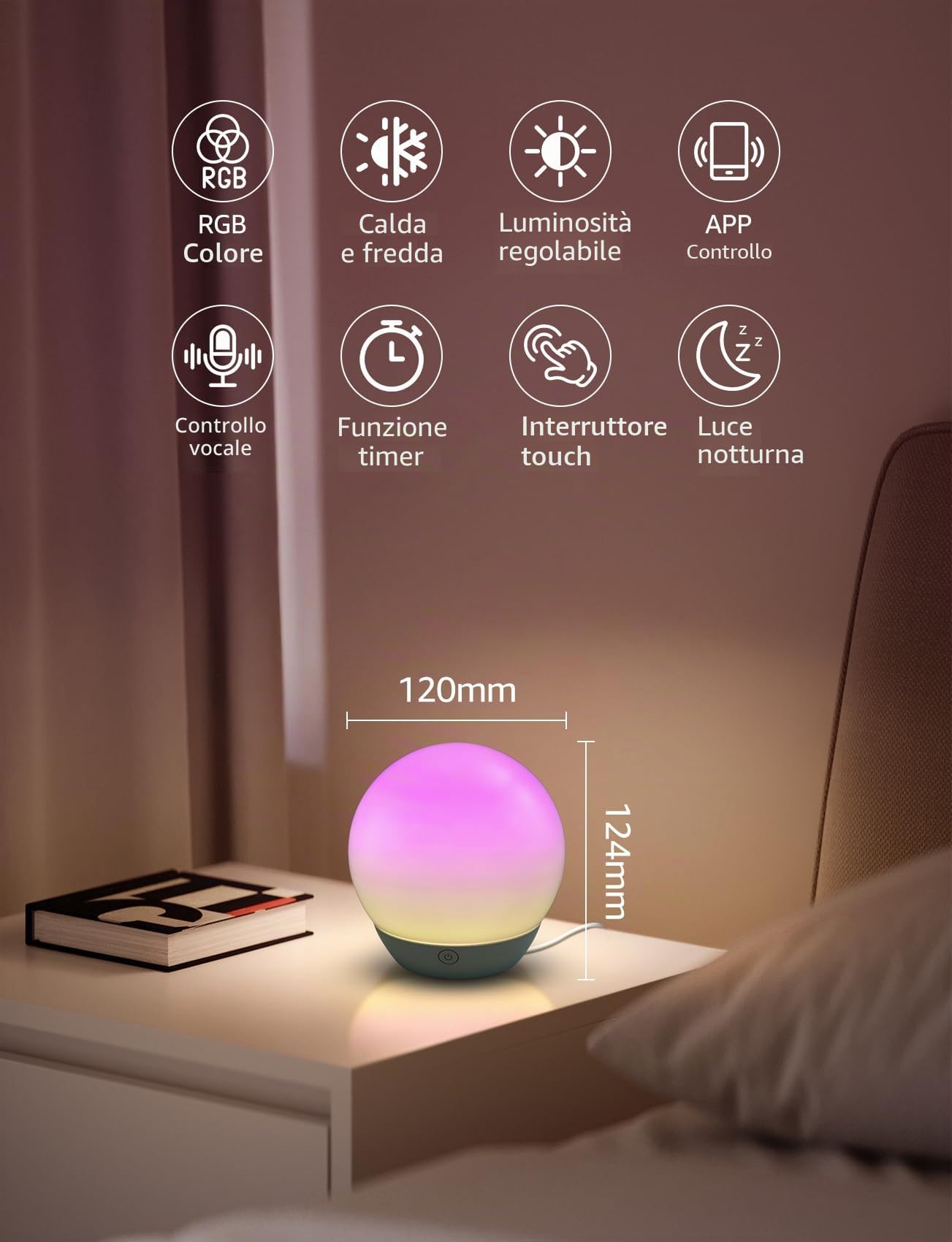 Aigostar Lampada da Comodino Smart, Controllo dei Colori a strati Bluetooth Lampada Tavolo Compatibile con Alexa, Dimmerabile RGB CCT, per camera da letto soggiorno, 2pcs