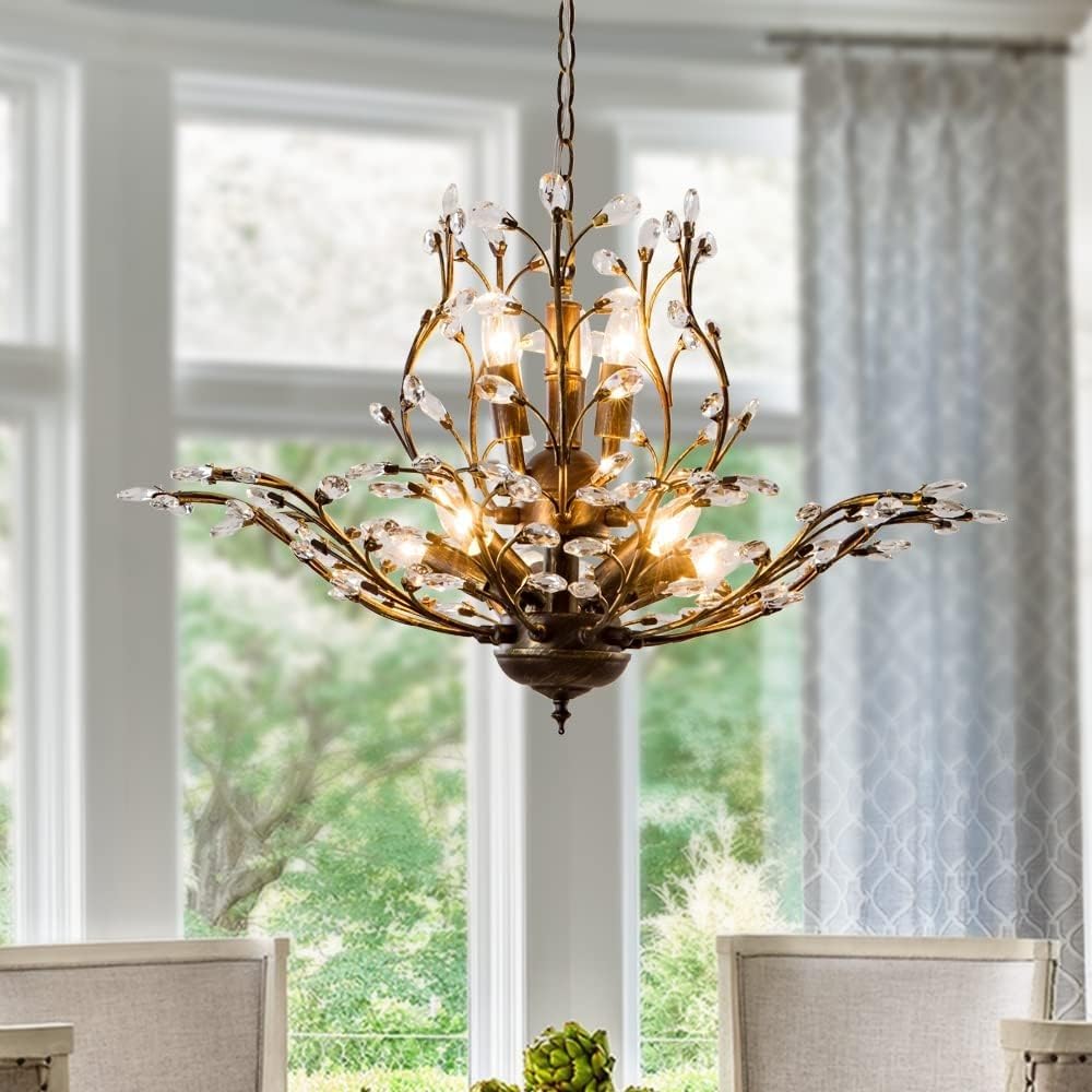 Stesulfr Crystal Branch Chandelier Vintage Farmhouse Pendant Light Tree Branch Chandeliers for Dining Room with 8-Lights for Living Room Kitchen Island Bedroom Hallway Hanging Lamp(8 lights)