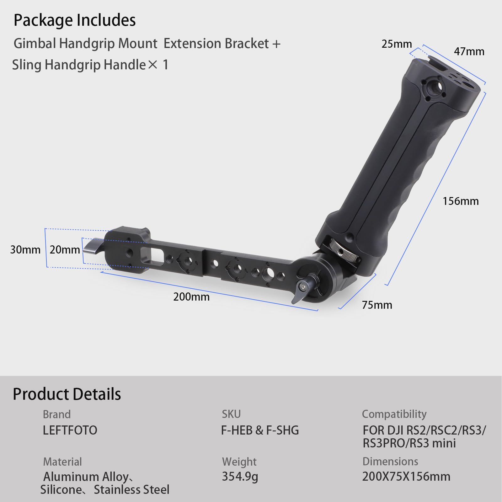 LEFTFOTO Kit de support d'extension de poignée réglable en silicone pour DJI RS2/RS3 Pro/RS3 Mini stabilisateur de cardan, avec pince OTAN