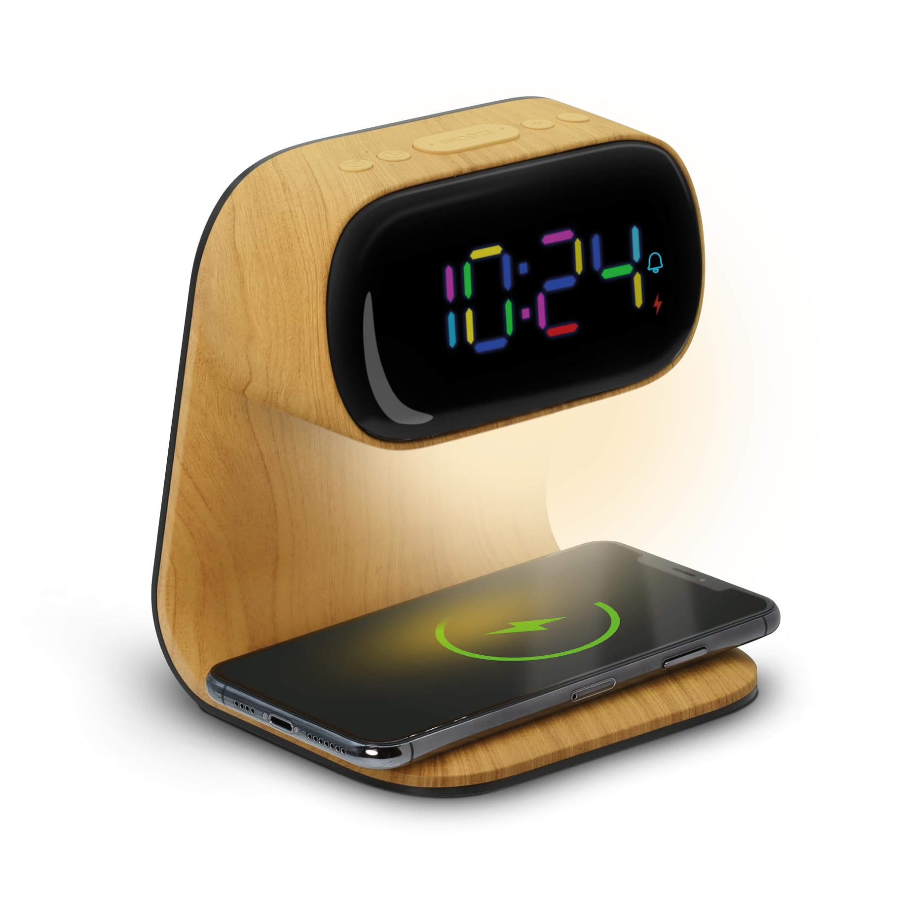 mooov Réveil Affichage Multicouleur Liseuse avec Chargeur Induction 15W - Alimenattion Secteur- Effet Bois