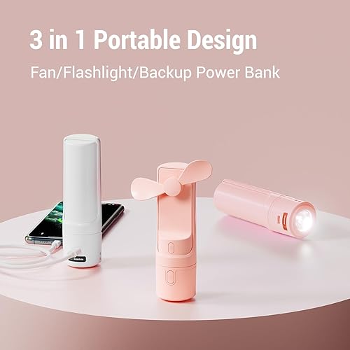 Miniatura 2 de Airluxe - Mini ventilador portátil 3 en 1 recargable, ventilador de mano con batería de 35 horas de duración, batería de carga rápida y linterna