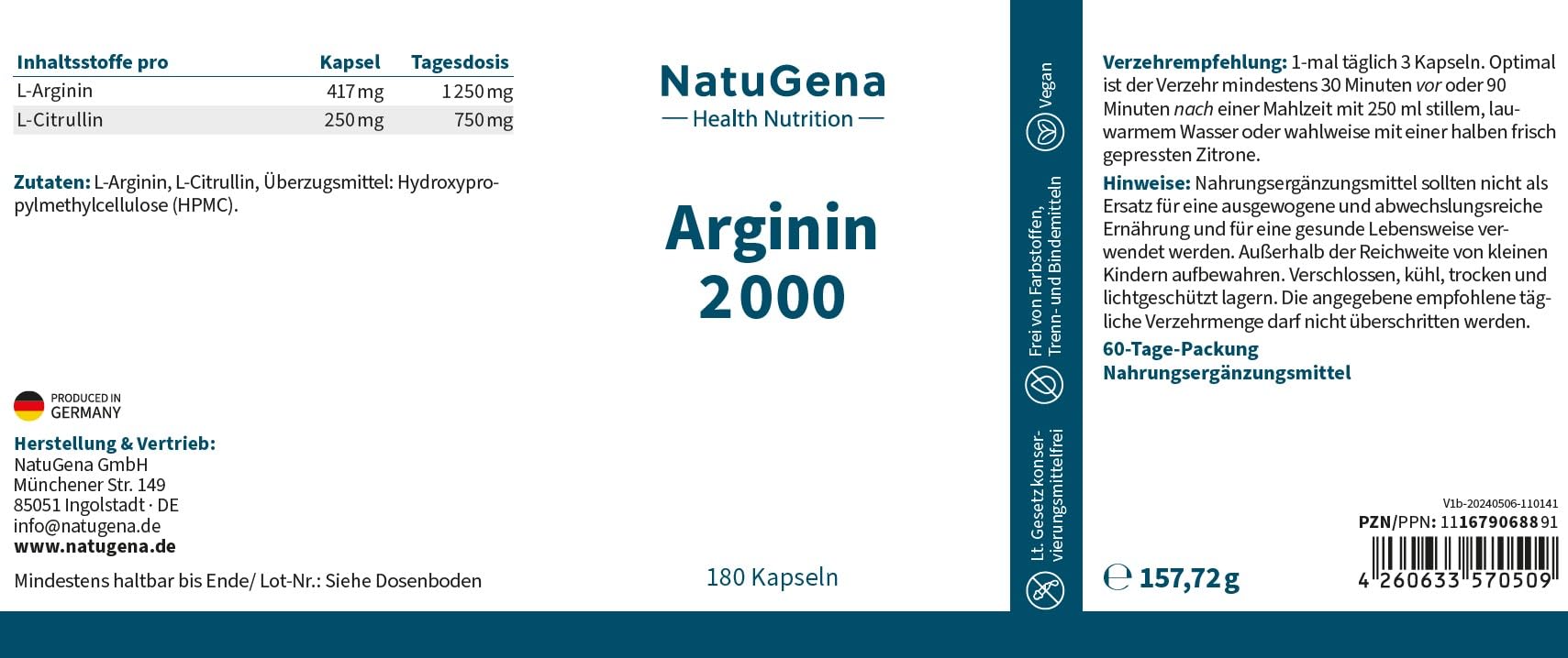NatuGena Arginin 2000 Hochdosiertes Arginin & Citrullin, semi-essentielle Aminosäure L-Arginin, L-Citrullin, 180 Kapseln (2 Monats Packung)