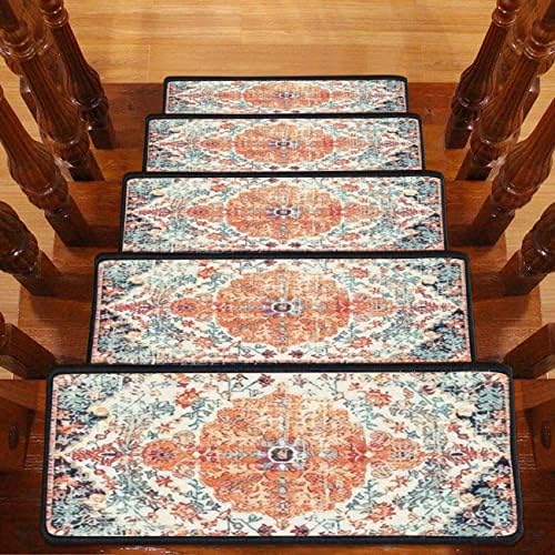 CAWIADFWJO Carpet bathmat & Rug Style Ethnic Design with Distressed Texture Stair Treads Safety Resistant Indoor for Kids Self-Adhesive Step Non-Slip Mats Magic Tape - 13PCS, Multicolor, 30x8x0.3''