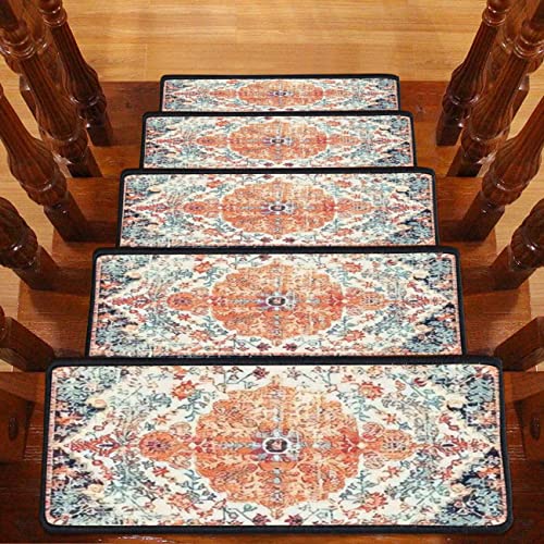 Cawiadfwjo Carpet Bathmat & Rug Style Ethnic Design With Distressed Texture Stair Treads Safety Resistant Indoor For Kids Self-Adhesive Step Non-Slip Mats Magic Tape - 13Pcs, Multicolor, 30X8X0.3'' #TOP3