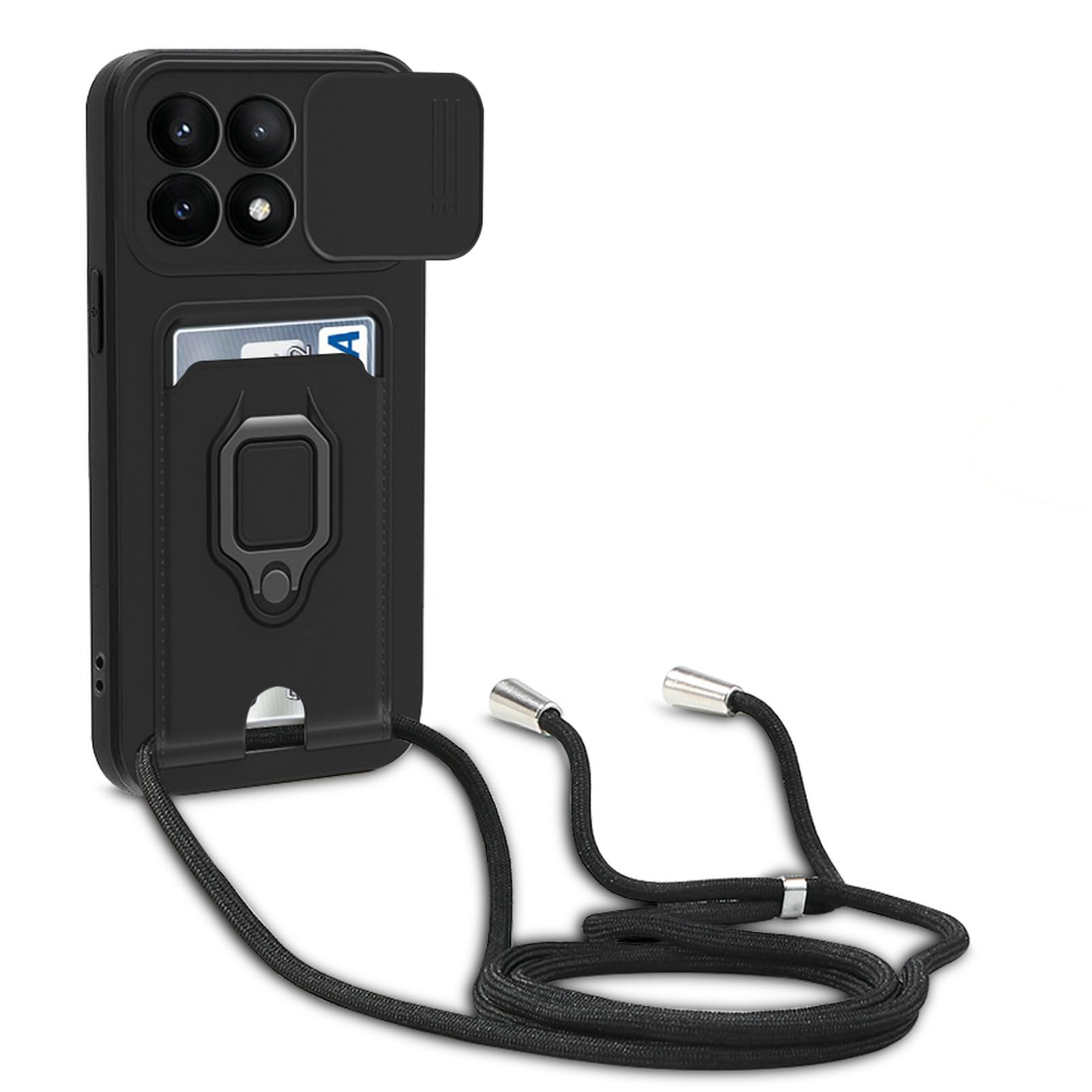 Protección de Cámara Funda Compatible con ‎Xiaomi Poco X6 Pro 5G/Redmi K70E 5G, con Anillo Soporte, Ajustable Collar Correa de Cuello Cordón Carcasa de Silicona-Negro
