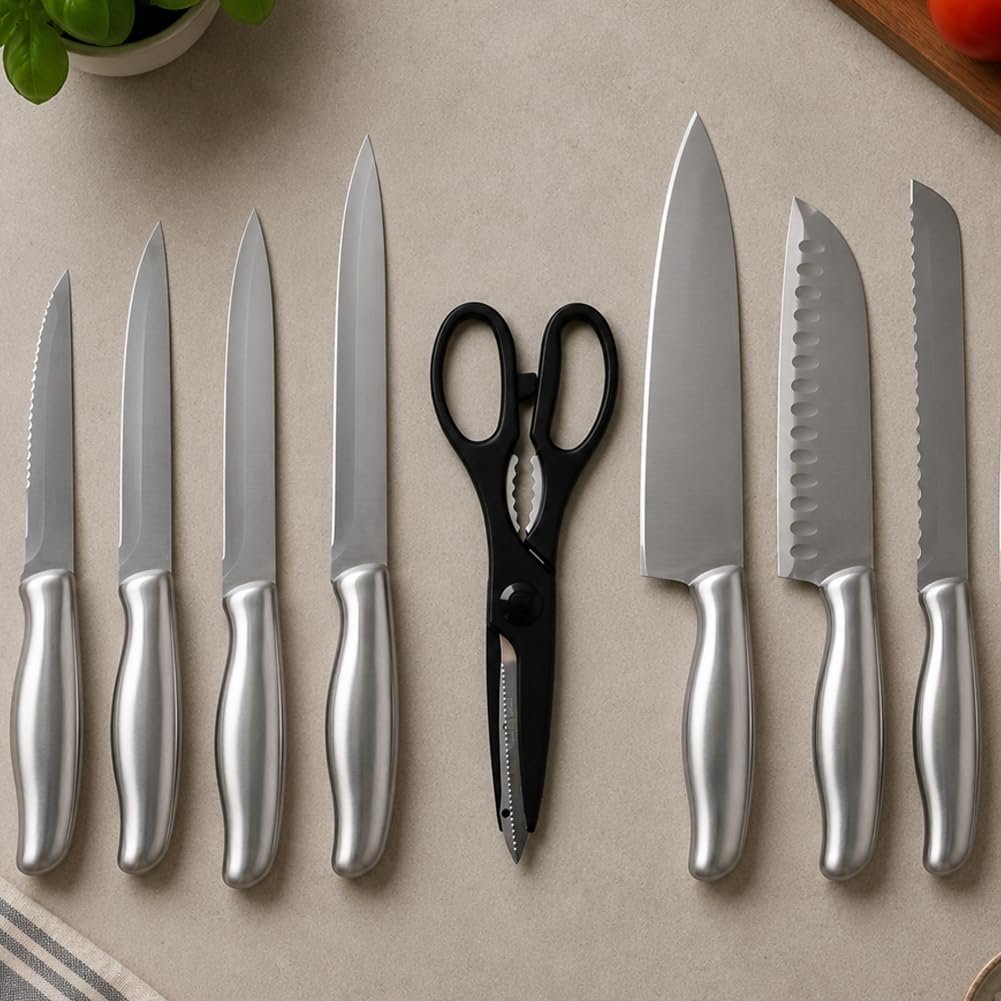 BAKAJI Set Coltelli da Cucina con Ceppo Professionale, Set 15 Pezzi Chef in Acciaio con Impugnatura Ergonomica e Lama Durevole, Porta Coltelli per Cucinare con Custodia Autoportante 35 x 15 x 15 cm
