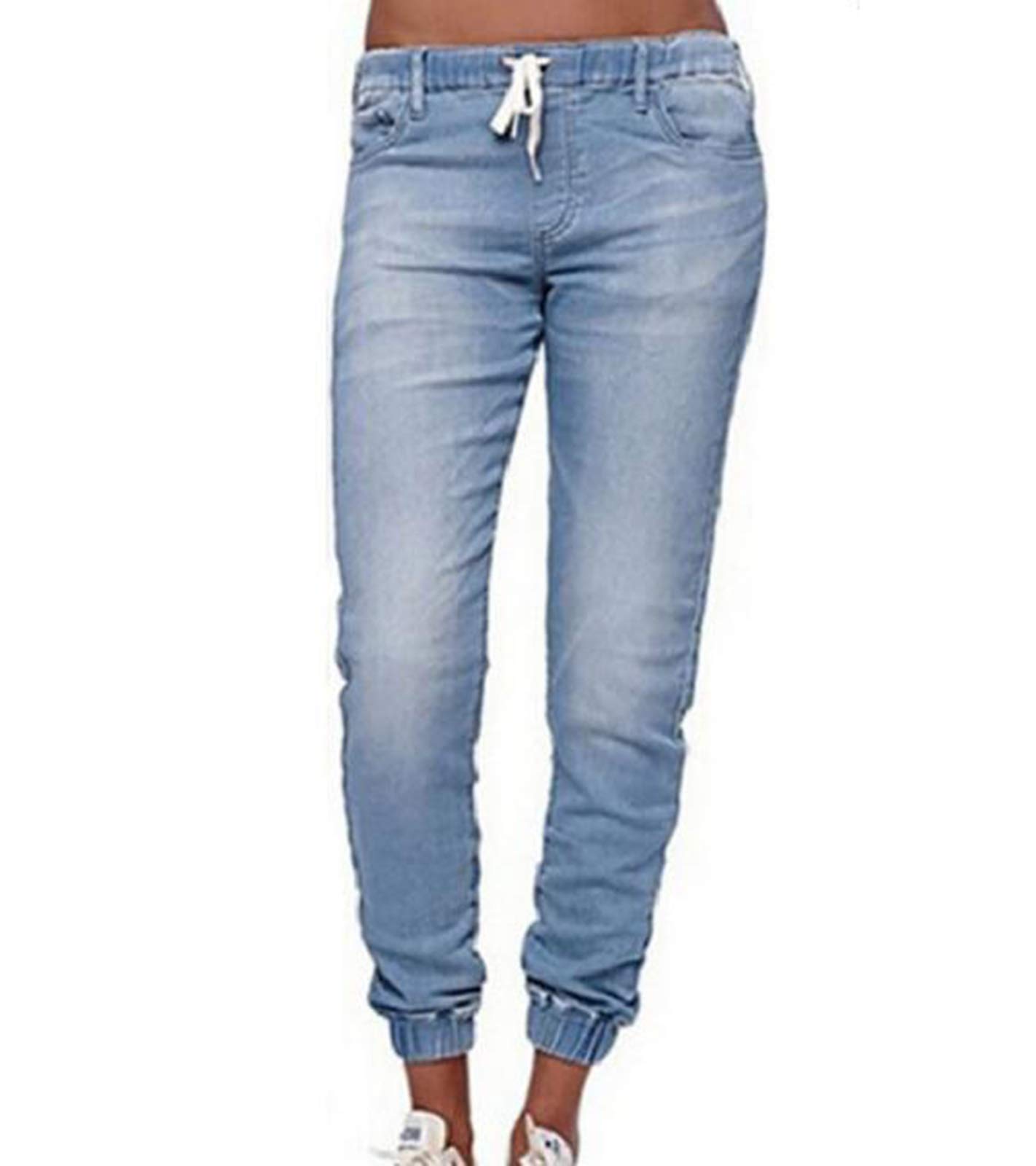babao Women Wash Denim Trouser Joggers Drawstring Elastic Waist Jeans Pants