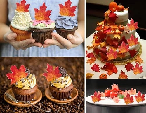 Miniatura 3 de Morofme 50 piezas comestibles de hojas de otoño para cupcakes, hojas de arce, decoración comestible de hojas doradas, papel de oblea, hojas de