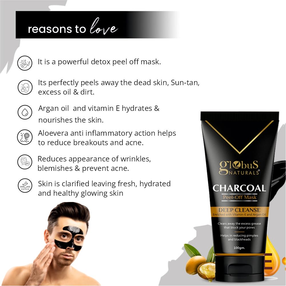 Globus Naturals Anti Pollution & Anti Acne Charcoal Peel Off Mask, Detoxifying Face mask, Fights Pollution and De-Tans skin, For Women & Men with Oily & Acne Prone Skin, 100 gms, Pack Of 2 1