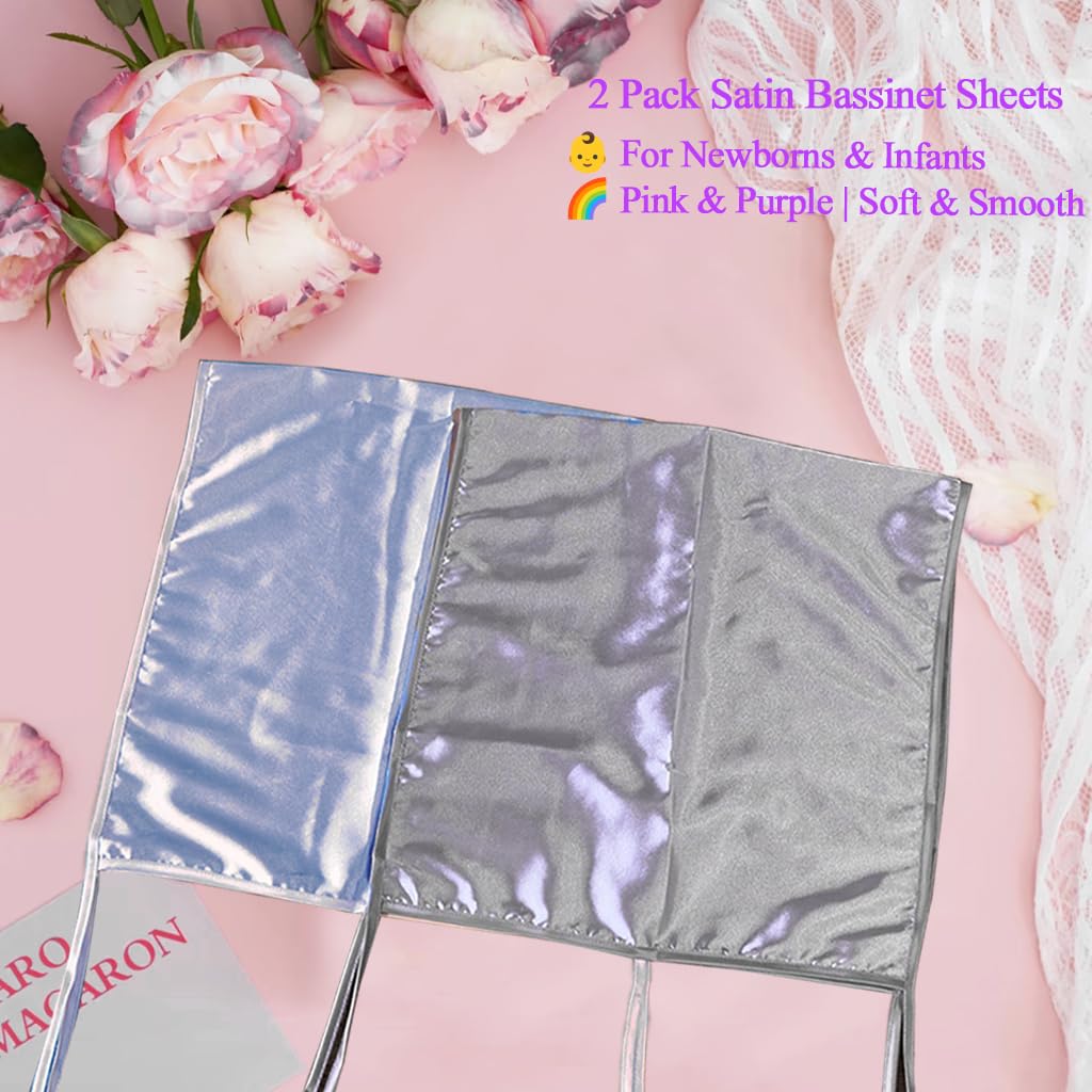 Okueejur 2 Pcs Satin Bassinet Sheet Baby Hair Protect Soft Silk Feeling Sheet Baby Bassinet for Rectangle Cradle Pad Mattress Newborn Infant (Blue+Grey) - Image 3