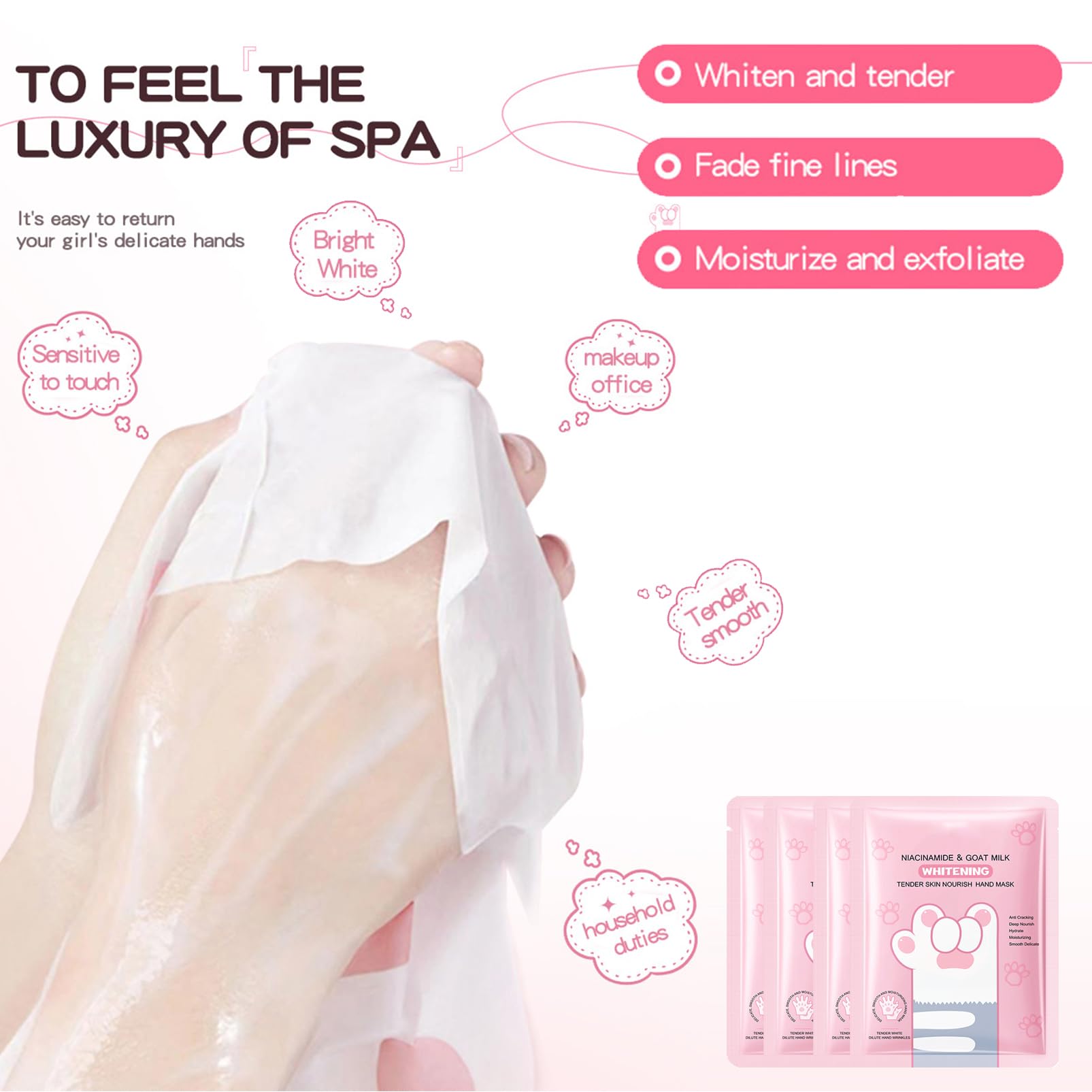 Lot de 4 masques pour les mains - Pour mains très sèches - Hydratant avec niacinamide et lait de chèvre - Gants exfoliants pour les mains (4)