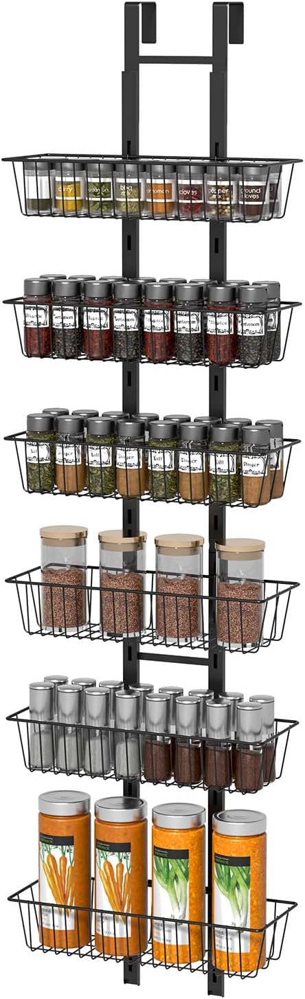 Over Door Storage, Pantry Organizer with Adjustable Basket, Foldable Back Door Metal Pantry Organizers for Kitchen Bathroom, 6 Tier