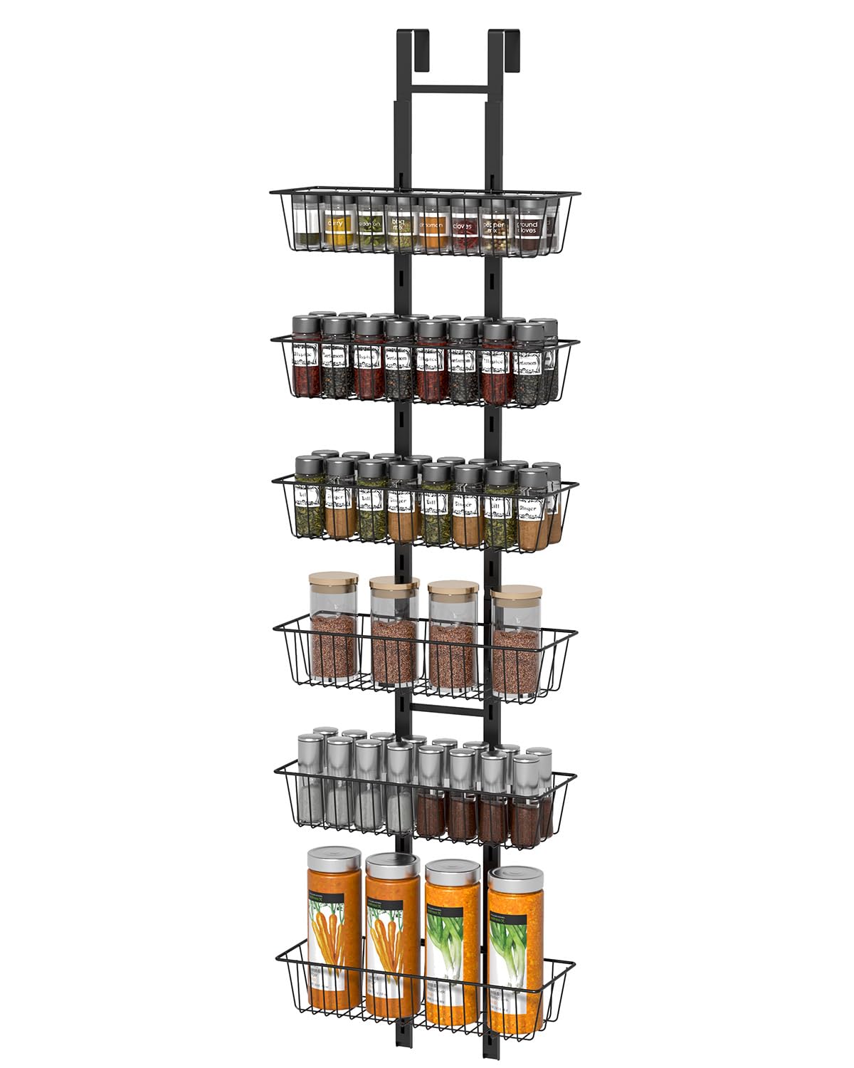 Over Door Storage, Pantry Organizer with Adjustable Basket, Foldable Back Door Metal Pantry Organizers for Kitchen Bathroom, 6 Tier