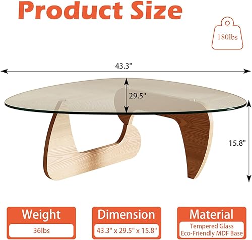 Miniatura 2 de Mesa de centro moderna para sala de estar y espacios pequeños, 43.3" x 29.5" x 15.8" tablero triangular de vidrio templado y base de MDF ecológica,