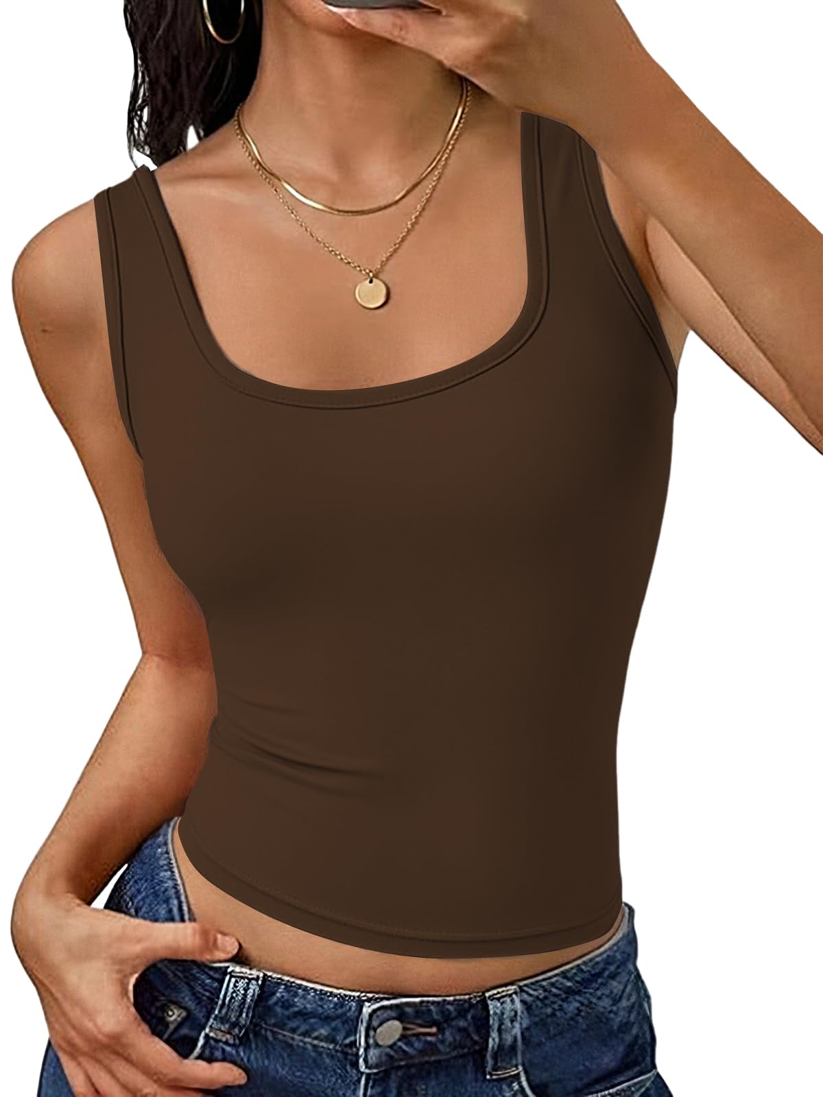 Cuptacc Tank Top Damen Eckiger Ausschnitt Ärmellose Top Damen Breite Träger Doppellagige Slim Fit Basic Oberteil