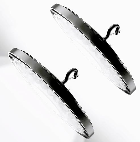 POLARPRA Luz LED de alta bahía de 250 W, paquete de 2 unidades, 35,000 lm 6500 K UFO High Bay luces LED de tienda con cable de enchufe de 6 pies,