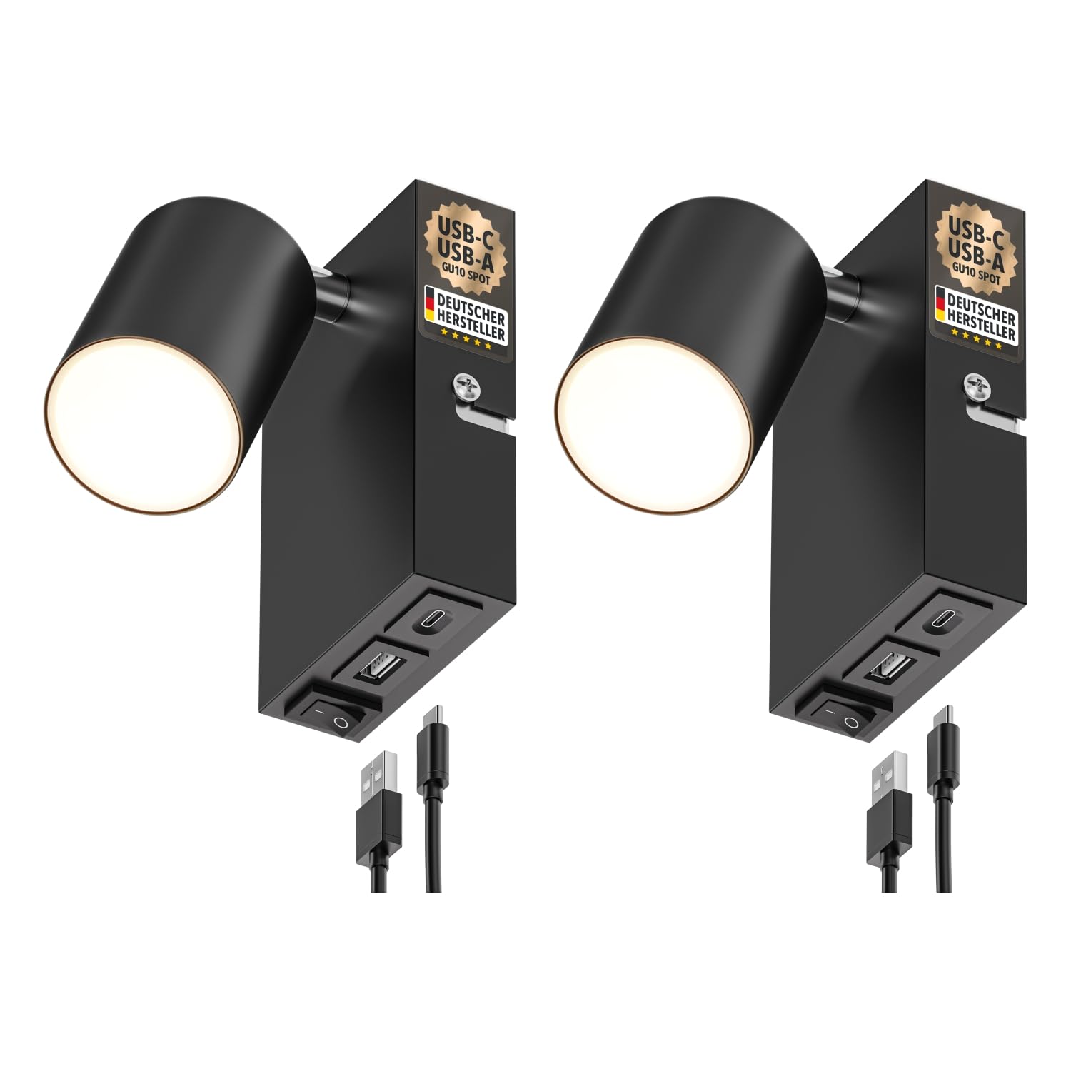 ledscom.de 2 Stück Wandleuchte WAIKA, 1-flammig, schwarz, USB-C, USB-A, inkl. LED GU10 Lampe 227lm, warmweiß
