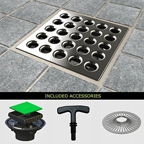 Ebbe E4404 Square Drain Grate, E4022 ABS Clamp Collar w/ Drain Riser, Hair Trap & T-Puller
