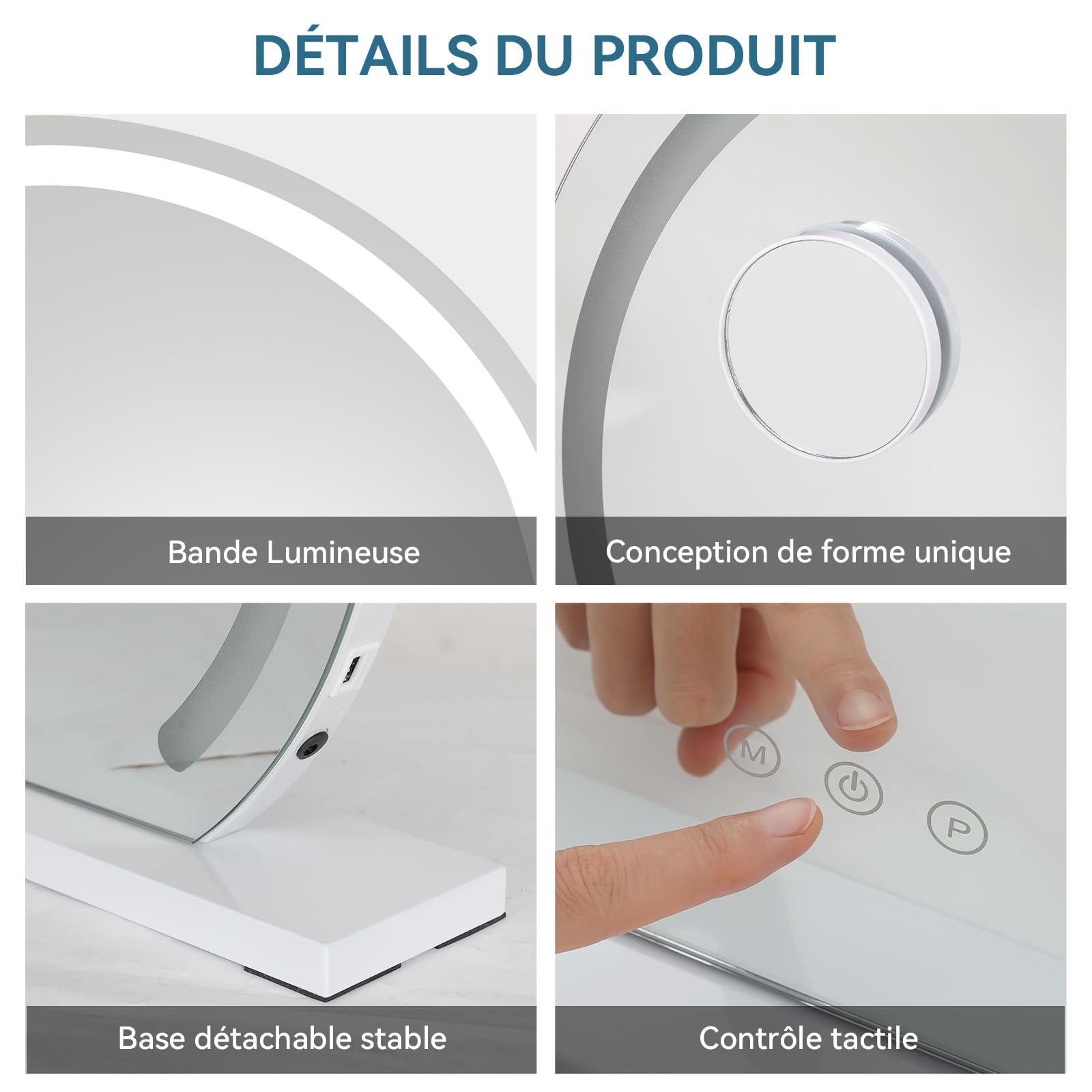 YU YUSING Miroir Rond de Coiffeuse Maquillage Lumineux LED 60 x 60cm, 3 Températures de Couleur, Miroir Maquilleur, Contrôle Tactile, Port USB, Grossissant 10x, Luminosité Réglable, Fixation Murale