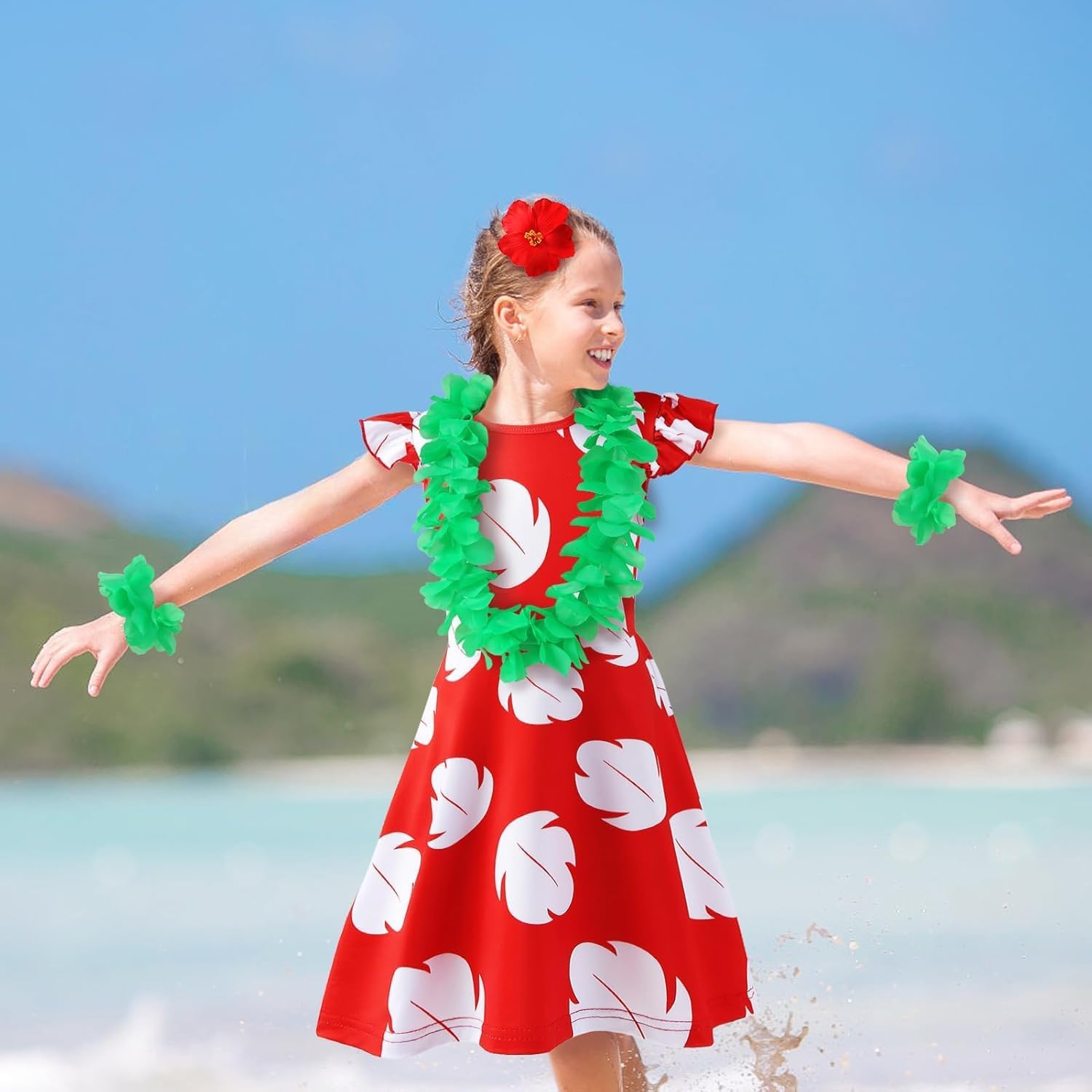 Hawaiian Little Girls Costume Dress with Luau Flower Leis Accessories Flower Hair Clip Halloween Party Cosplay Outfit