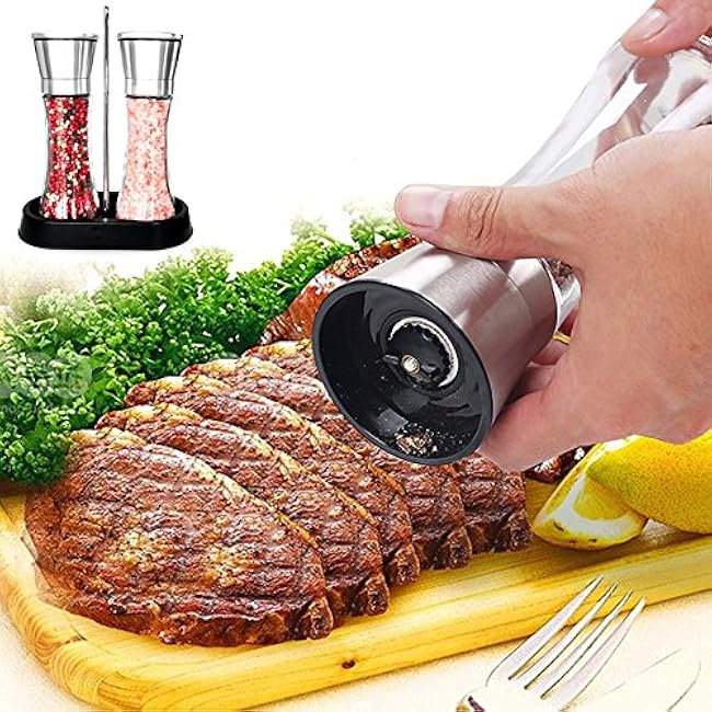 Salt and Pepper Mills with Matching Stand- Amison Stainless Steel Salt and Pepper Grinder Mill Set - 5 Grade Precision Adjustable Ceramic Rotor with Funnel (2 Pack Pepper Mills)