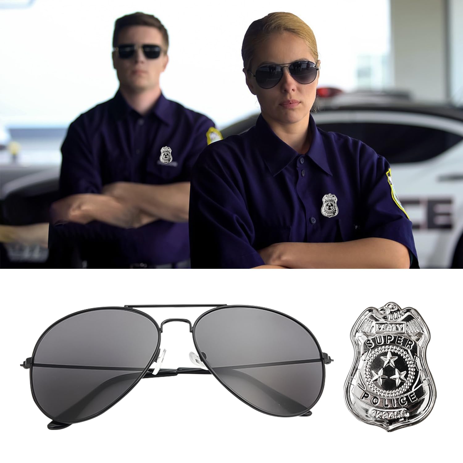 Bohue 3 Pieces Police Fancy Dress Set Police Hat Sunglasses Badge Police Officer Costume Accessories Halloween Fancy Dress for Men Women - Image 4