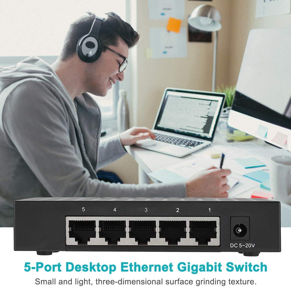 Sonew Gigabit Ethernet Switch, 5 Port Fast 10/100/1000Mbps Ethernet LAN Hub Network Gigabit Switch, Full/Half Duplex Adaptive Mode, Black(US Plug)
