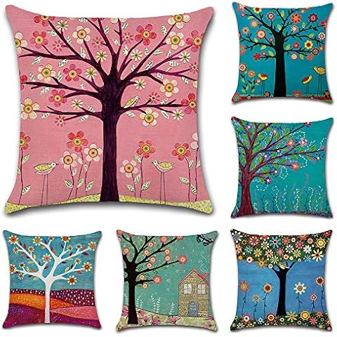 HuifengS Linen Throw Cushion Pillow Covers Square Pillowcase Cartoon Tree Pattern Decorative for Sofas Beds Chairs Cushion Cover Set of 6, 18 x 18 Inch Cover