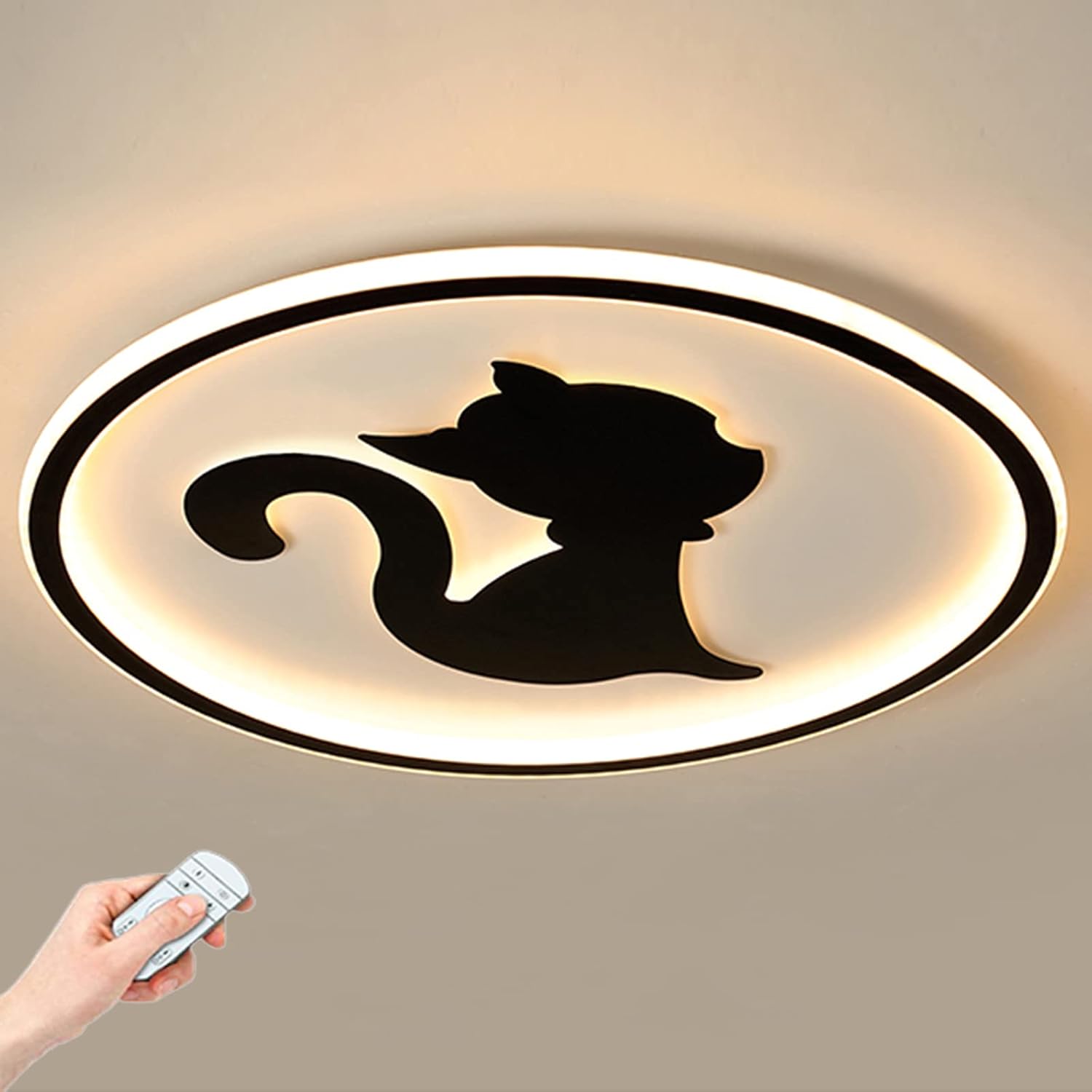 LINCCW Regulable Control remoto Lámpara de techo Negro Redondo Gato Decoración Lámpara infantil DIRIGIÓ Creativo Niños Focos Techo Acrílico Metal Chico Niña Cuarto Guardería Ø50x5cm 50W 3500lm