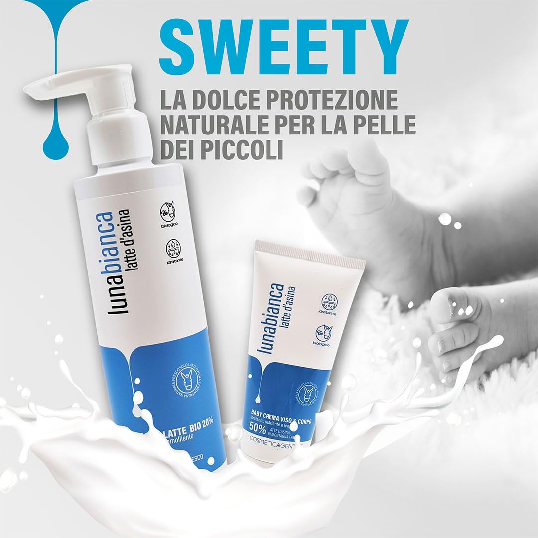 Set Baby Sweety, bagno latte baby + crema crema viso e corpo al latte d’asina Lunabianca, confezione singola (1 x 250 ml + 1 x 100 ml)
